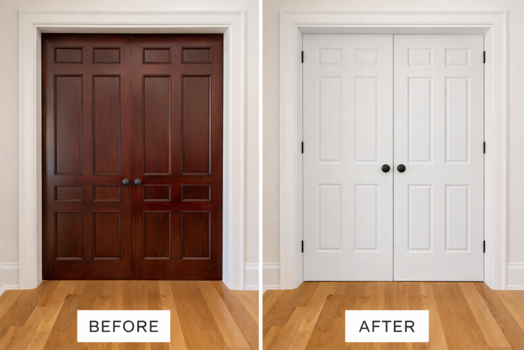 before and after image of closet doors painted and not. 