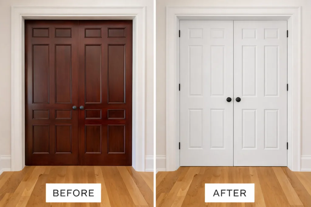 before and after image of closet doors painted and not. 