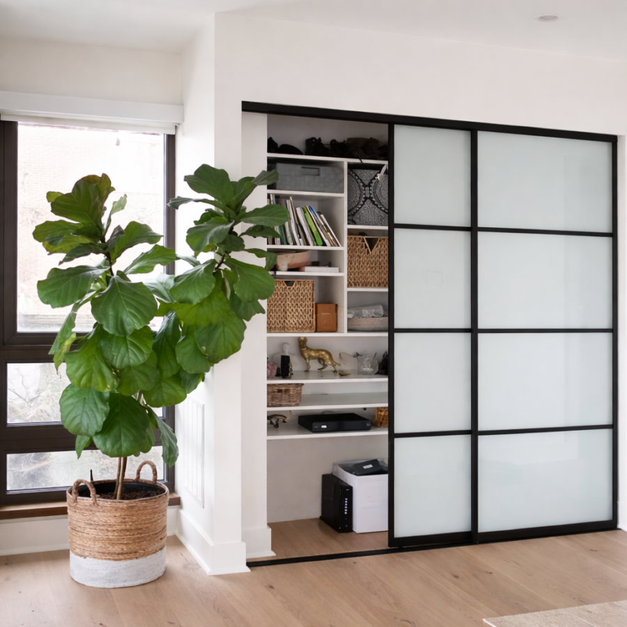 hall closet with glass sliding doors modern design