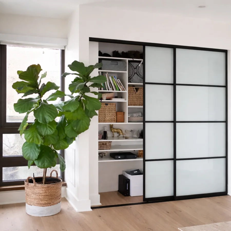hall closet with glass sliding doors modern design