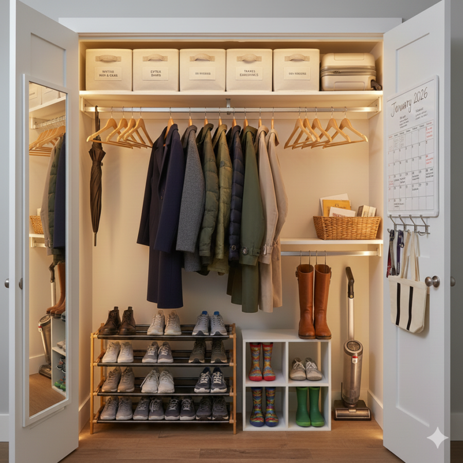 organized closet with a calendar on teh door.  and mirror 