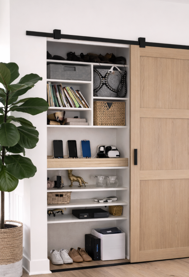 Hall closet with barn door. Pretty and organized