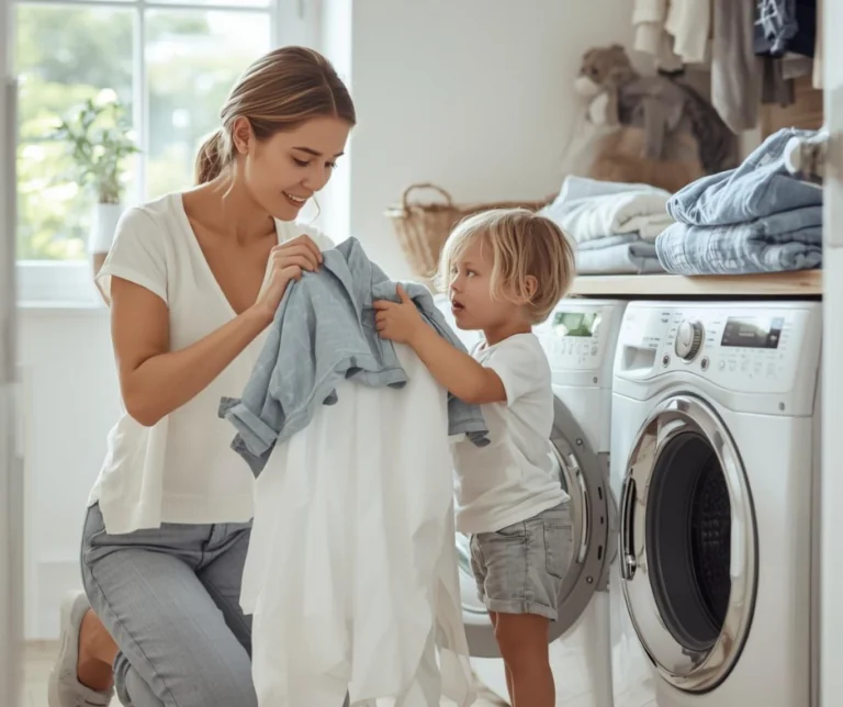 Mom and daughter doing laundry with non-toxic laundry detergent