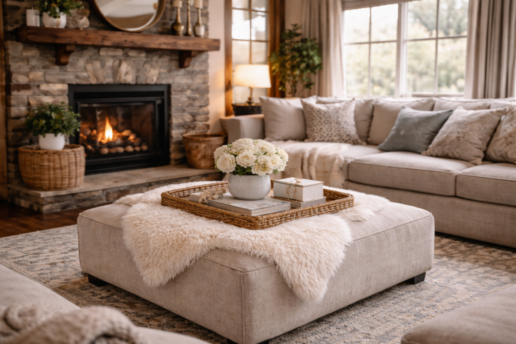 rUSTIC LIVING ROOM WITH A SHEEP SKIN RUN DRAPED OVER IT WITH A ACCENT TRAY