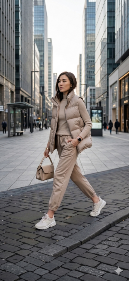 Structured athleisure beige outfit with vest and bag.