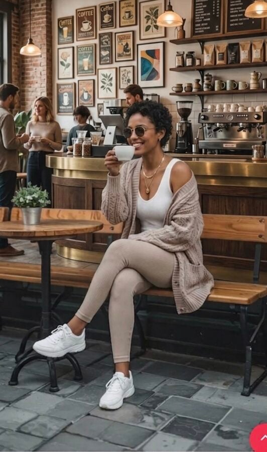 Women drinking coffee with legs crossed in a cute beige outfit with leggings and white tennis shoes