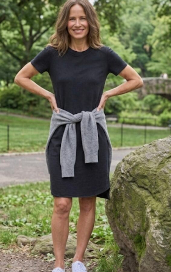 black dress and sweater around the waist.Elevated Athleisure Style After 40