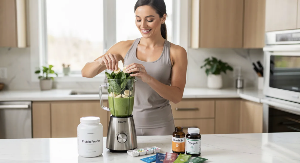 Lady in kitchen making a smoothie with supplements
