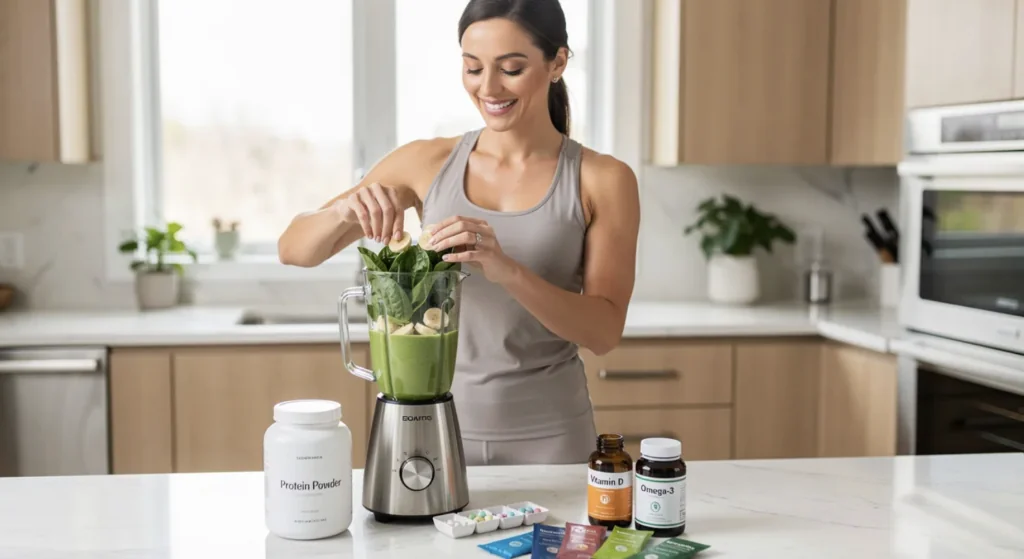 Lady in kitchen making a smoothie with supplements