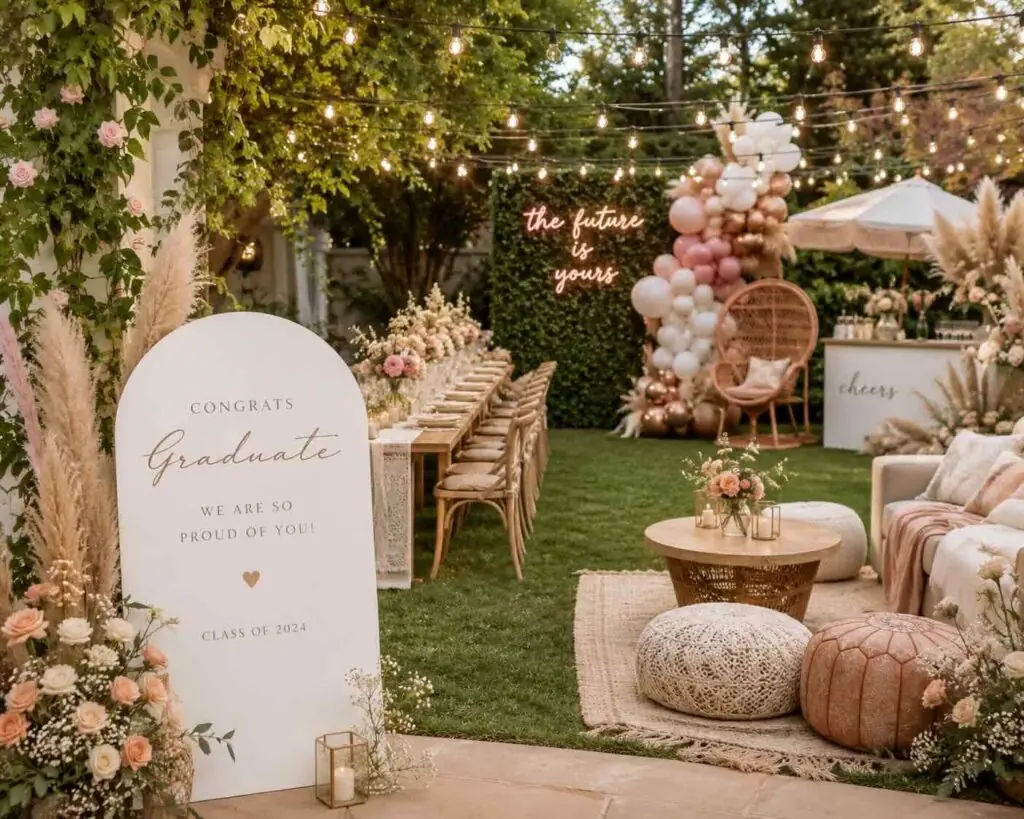 Boho grad party theme for a girl - party in the backyard
