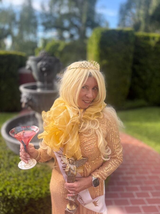 My friend marlee dressed in her mom prom costume 