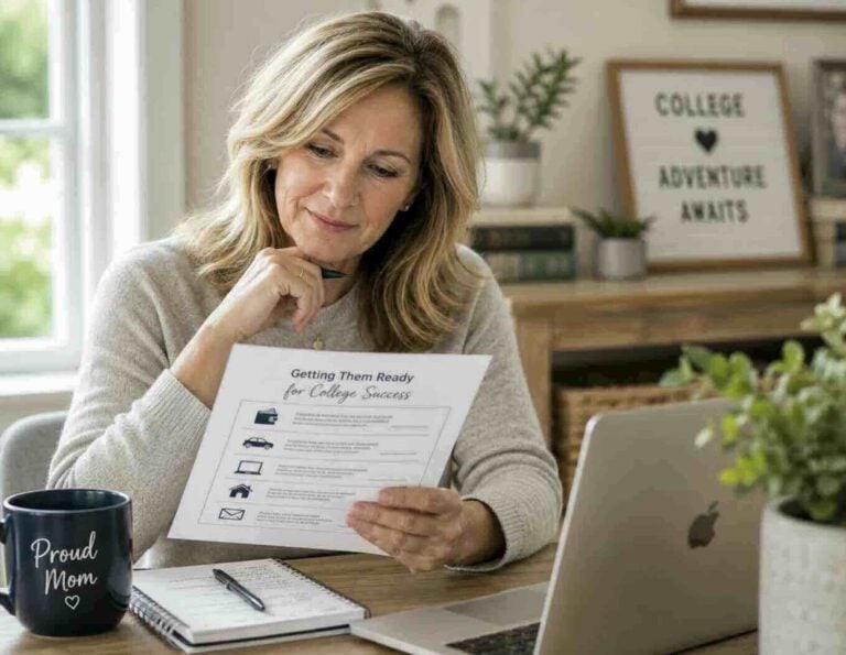 Mom reading a getting ready for college checklist for students.