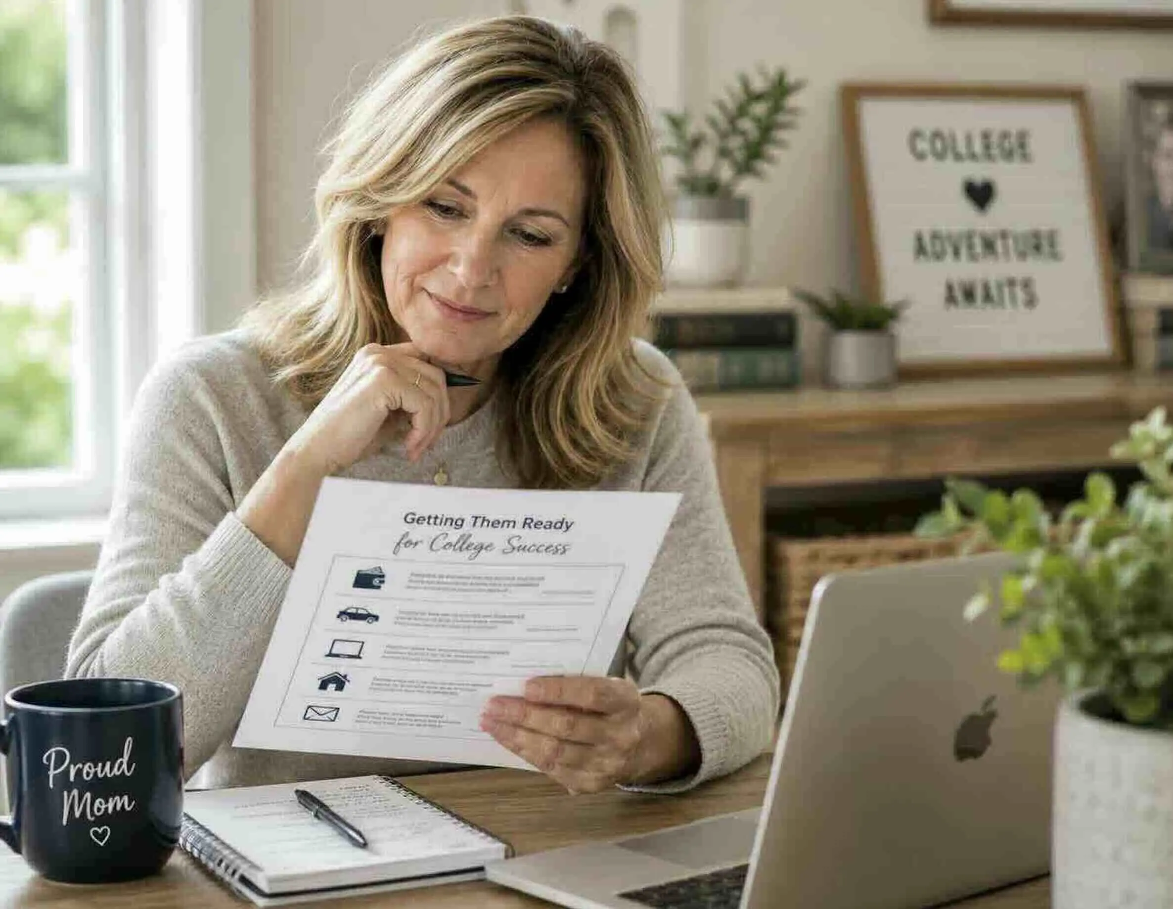 Mom reading a getting ready for college checklist for students.