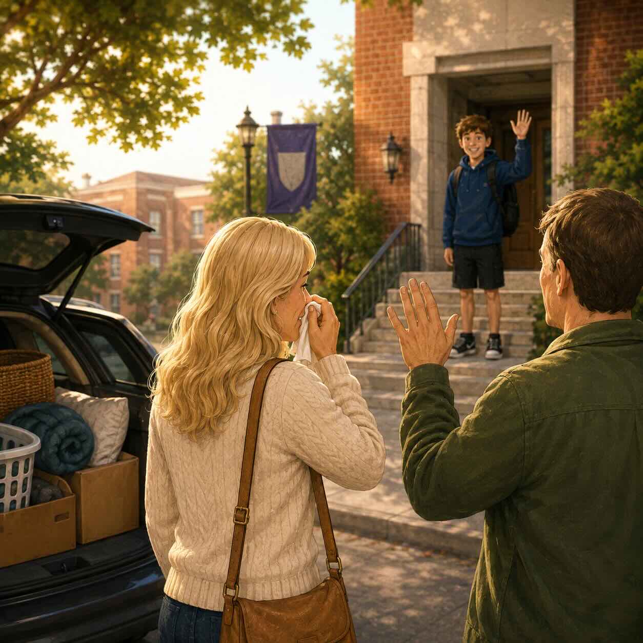 parents saying goodbye outside college dorm," "empty bedroom after child leaves for college"