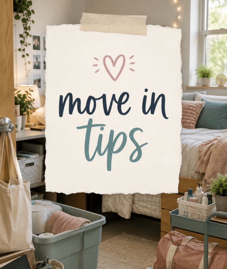 Dorm move in guide and tips graphic