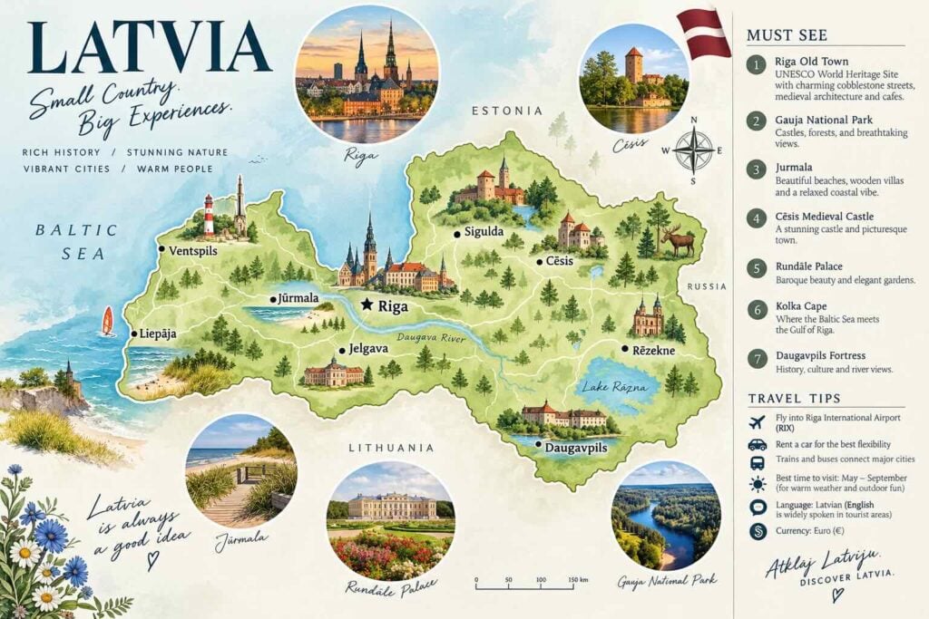 map of Latvia with places to see and visit